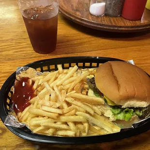 Cheeseburger, fries and sweet tea!   Mmm, mmm, mmm