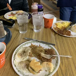 Hot Sausage, biscuits, hash browns &amp; eggs.