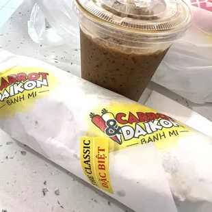 Vietnamese coffee and crispy pork banh mi.