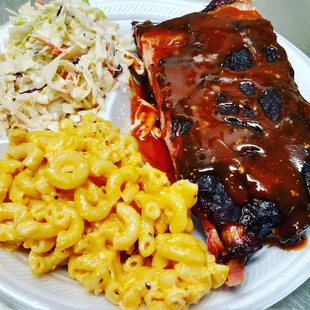 ribs, macaroni, and coleslaw