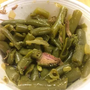 Side of green beans: very tasty and Southern-seasoned with onions and meat.