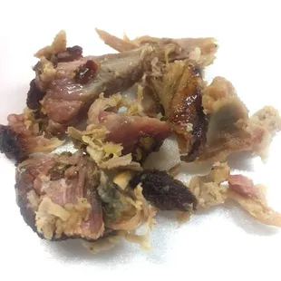 Pulled pork up close. Great smoky flavor, a nice bark, and a beautiful pink smoke ring. Yeah!