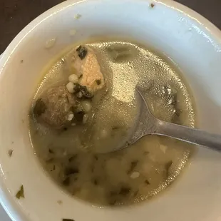 It has two kinds of meat in it. It is rather salty. Wedding Soup (CUP)