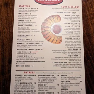 Menu - starters, soup, salads, entrees