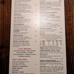 Menu - sandwiches, stromboli etc