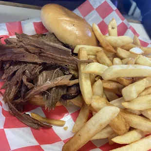 a pulled pork sandwich and french fries