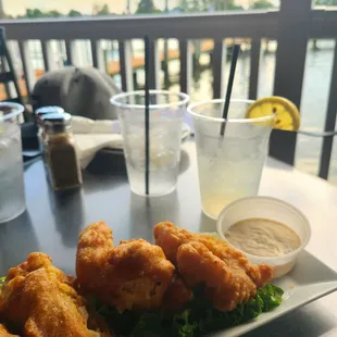 Rockfish bites with old bay ranch (weekly special) &amp; in the back is a lemon crush (so good).