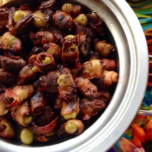 Bacon wrapped dates and Spanish olives