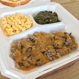 Chopped Beef with Macaroni &amp; Cheese and Collard Greens