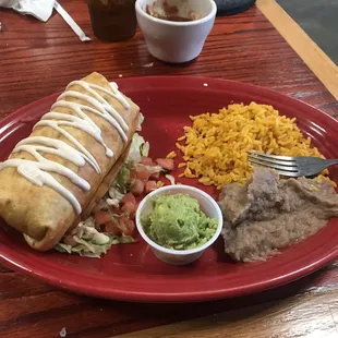 Chimi, guac, side of rice and beans. Pico de gallo.