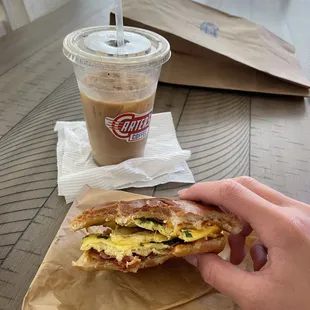 iced honey latte &amp; bacon, egg &amp; cheese on brioche bun