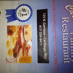 Voted best Breakfast for 4 years in a row 2008-2011.