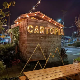 a cartopia with lights on