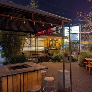 outdoor seating area at night