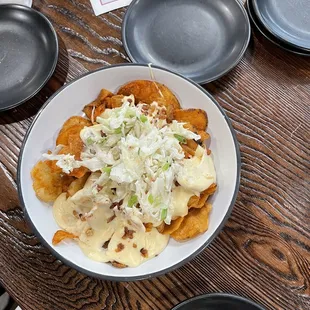 Their signature chips with cabbage and sauce.  Good but little over powering with their seasoning.