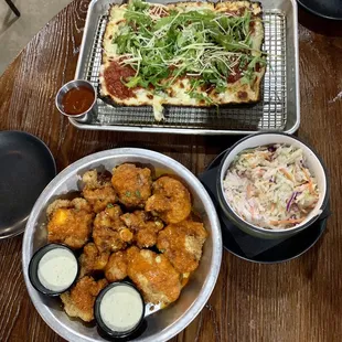 Detroit style veggie pizza, cauliflower wings and coleslaw