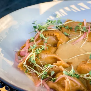 Chorizo ravioli with a corn purée...amazing!