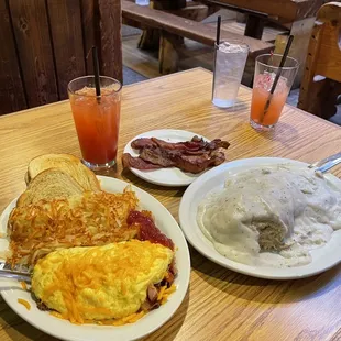 Farmers omelette &amp; biscuits &amp; gravy. Had to have tequila sunrises with breakfast.
