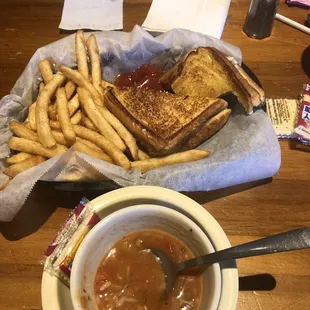 Chicken salad sandwich grilled, fries and chicken Gumbo