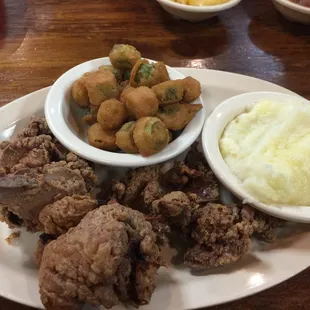 Fried Chicken Livers, Mashed Potatoes, and Fried Okra.