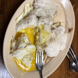 Soggy potatoes and I asked for the eggs on top. To be fair, the eggs were done perfectly and the biscuits were good