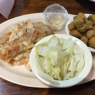 Chicken Pot Pie, Cabbage, and Fried Okra - all very nice.