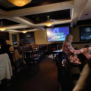 Bar area with large screen for sports.