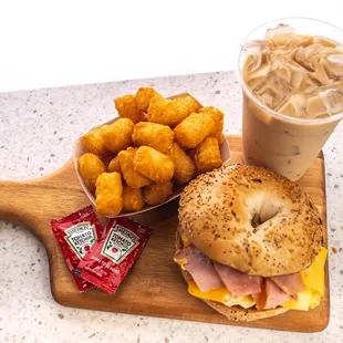 Breakfast Sandwich with Tots and Iced Coffee