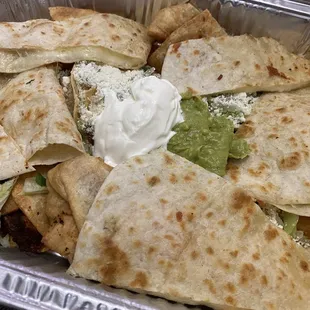 Cheese Quesadillas, 3 Taquitos, and delicious Guacamole