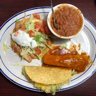 Pick four lunch special.  The plate  looked like a Semi had T-Boned a taco truck; food was strewn everywhere. Not a picture for the menu.
