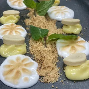 Deconstructed lemon merengue dessert.