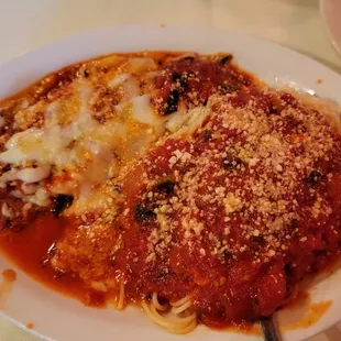 Lunch portion Eggplant Parmesan with angel hair pasta