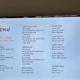 Menu as of December 2022