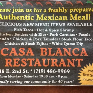 a menu for a fresh prepared mexican meal