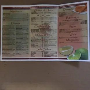 the menu of the restaurant