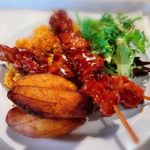 Puerto Rican Sample Plate - Vegan Chicken Skewers, salad, rice and plantain