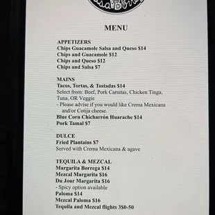 Casa Borrega dinner menu