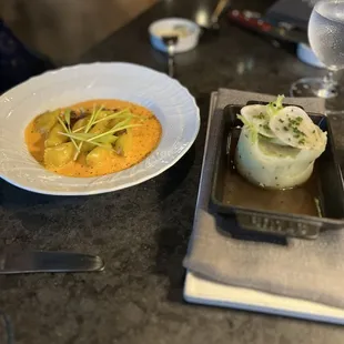 Corn pasta with smashed potatoes side