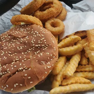 Texas Burger with fries and onion-rings