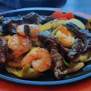 Steak and shrimp fajitas