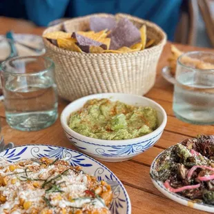 Elote, chips and guacamole