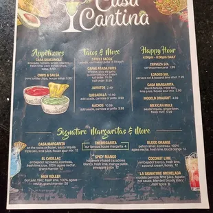 the menu for the restaurant