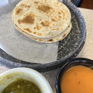 Flour tortillas and homemade salsas