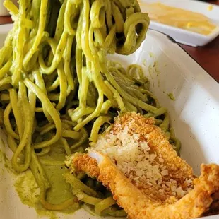 Tallarin verde with pescado frito. Very well cooked and delicious