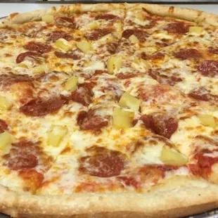New York style pizza, with Pepperoni and pineapple , Yummmy!