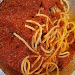 Spaghetti with meat sauce.  Where is the meat!?!?