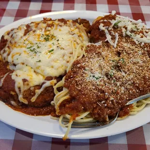 Chicken parmesan dinner with spaghetti and fried mozzarella Friday special.