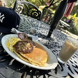 Pancakes short stack with sausage and scrap eggs