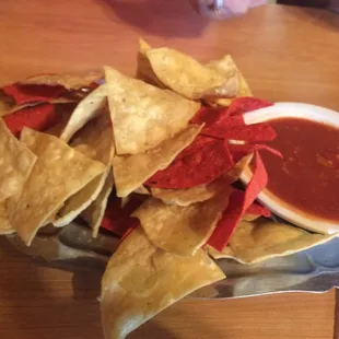 Garlic rich salsa &amp; warmed chips.