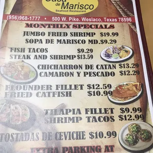 Menu monthly specials